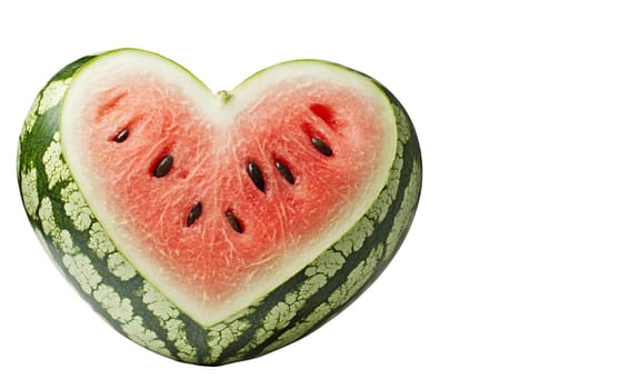 A heart shaped watermelon slice revealing juicy red flesh and seeds, perfect for romantic or summer themes. Isolated on white background.