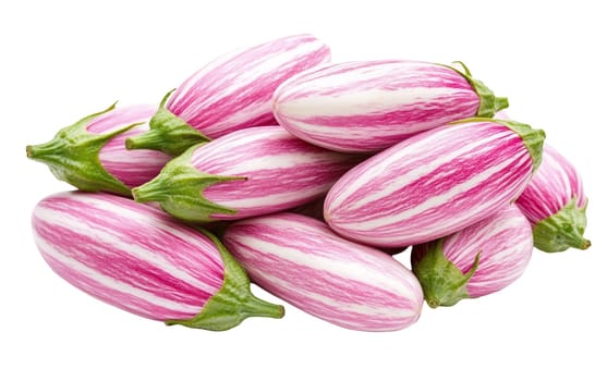 A pile of vibrant pink and white striped eggplants showcasing their unique colors. Isolated on white background.