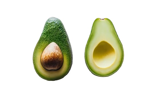 Avocado halves, one with seed intact and the other without, highlighting the smooth green texture. Isolated on white background.