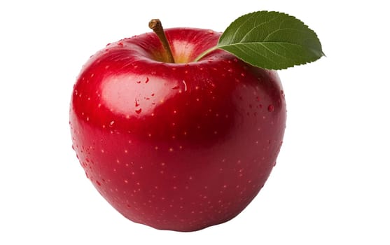 A shiny red apple with a green leaf, covered in fresh water droplets, isolated on white. Isolated on white background.