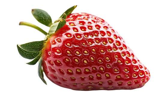 A strawberry with vibrant red color and fresh green leaves, isolated on a white background. Isolated on white background.