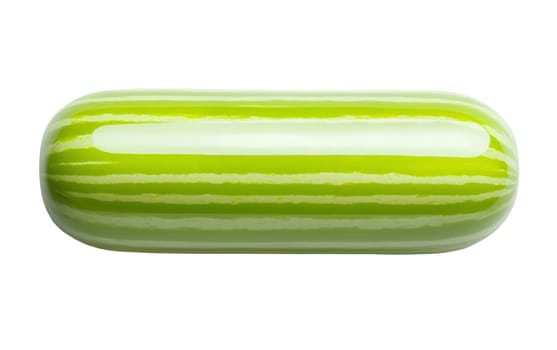 A unique glossy green capsule shaped object with stripes, perfect for abstract or creative designs. Isolated on white background.