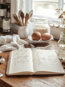 Open notebook with kitchen ingredients and utensils on a rustic table, ideal for recipe planning.