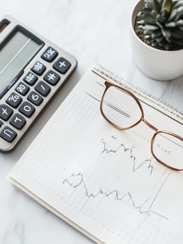 A workspace with a calculator, glasses, and financial graphs, ideal for business and analysis themes.