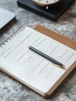 A sleek notebook with a pen on a desk, perfect for planning and organization in a professional setting.