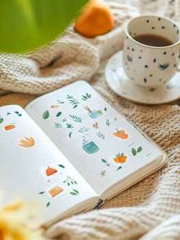 A cozy scene with a journal featuring botanical illustrations and a cup of coffee, creating a relaxing atmosphere.