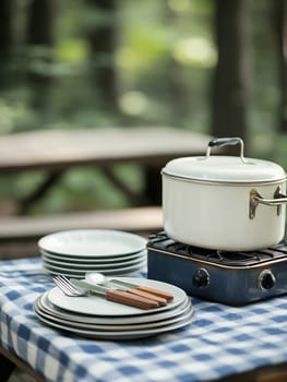 An outdoor cooking setup with a pot on a portable stove, surrounded by plates and utensils, perfect for a picnic.