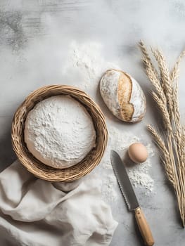 A rustic arrangement of flour, bread, and wheat on a textured surface, perfect for a baking theme.