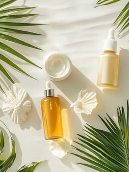 Skincare products with a tropical theme, featuring palm leaves and seashells, perfect for relaxation and beauty.