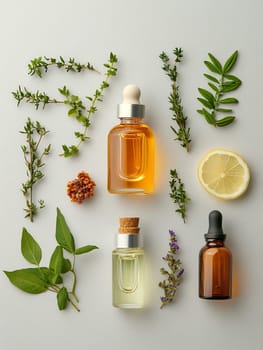 Aromatic oils and fresh herbs arranged creatively, emphasizing natural beauty and wellness.