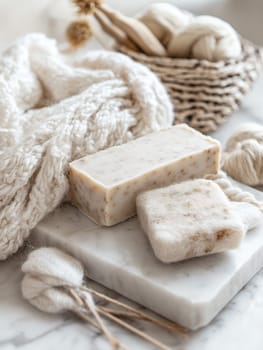 Handmade soap bars with textured textiles on a marble background, showcasing natural beauty and craftsmanship.