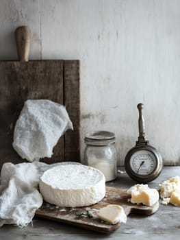 A rustic display of cheese on a wooden cutting board, evoking a sense of traditional culinary craftsmanship.