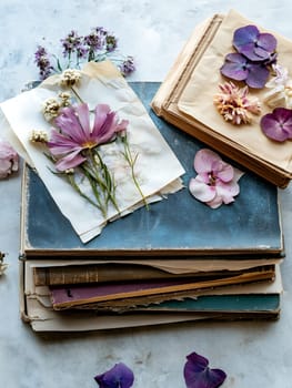 A stack of vintage books decorated with pressed flowers, evoking nostalgia and beauty.