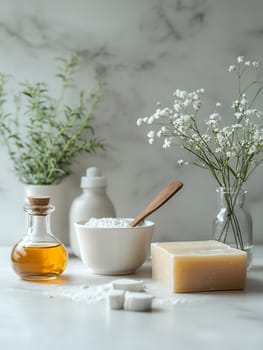 Aesthetic arrangement of natural skincare ingredients with flowers on a marble background.