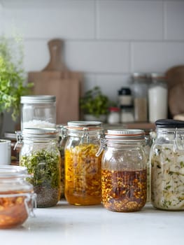 Variety of pickled jars arranged on a kitchen counter, highlighting homemade preservation.