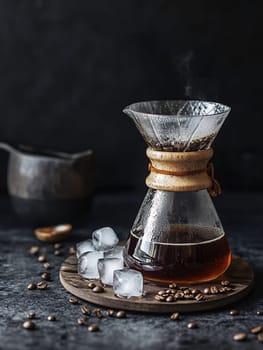 Freshly brewed coffee in a glass brewer with ice cubes and coffee beans on a dark background.