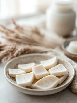 Soft, creamy wax melts arranged on a ceramic plate for a soothing aromatic experience.
