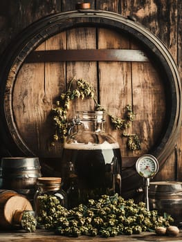 Traditional brewing setup with a rustic barrel, hops, and glass jug in a cozy setting.