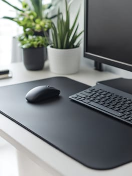 A sleek computer setup with a keyboard and mouse, surrounded by vibrant green plants.