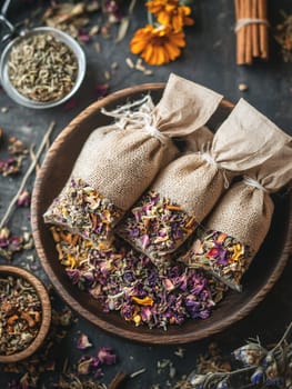 Burlap sachets filled with dried herbs and flowers, perfect for adding natural fragrance to any space.