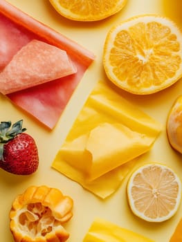 Colorful fruit slices paired with matching wrapping paper, creating a vivid and cheerful composition.