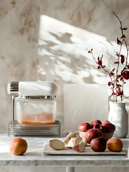 A sleek juicer with fresh apples on a marble countertop, highlighting modern kitchen appliances and healthy living.