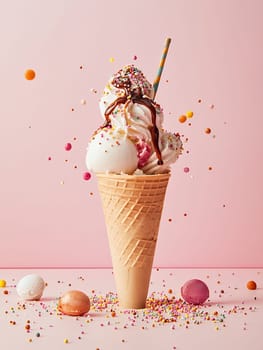 A vibrant ice cream cone topped with sprinkles and syrup, set against a playful pink background.