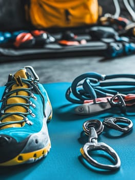 Essential rock climbing gear including shoes and carabiners on a blue mat, ready for an adventure.