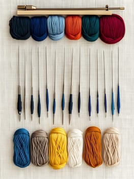 Neatly arranged colorful yarns and knitting needles, perfect for crafting inspiration.