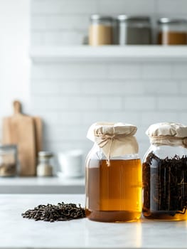 Glass jars of homemade kombucha brewing with tea leaves on a kitchen counter, highlighting fermentation.