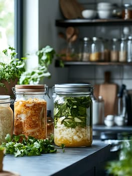 A variety of colorful fermented vegetables in glass jars on a kitchen counter, emphasizing healthy eating and preservation.