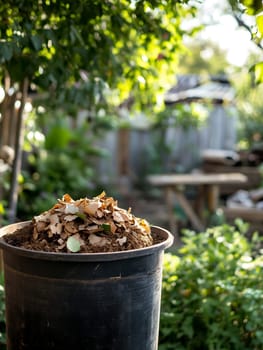 A composting bin filled with organic material in a lush garden setting, promoting eco-friendly practices and sustainability.