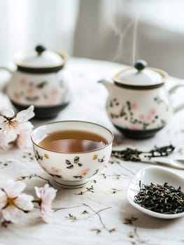 Charming tea set with floral patterns, steaming tea, and cherry blossoms for a serene tea time.