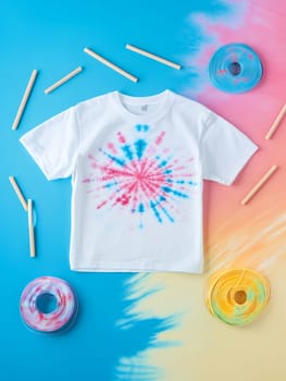 Vibrant tie-dye t-shirt surrounded by colorful supplies, showcasing creativity and DIY fashion on a colorful background.