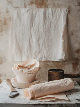 Collection of textured paper and vintage tools on a rustic table, perfect for artistic inspiration.