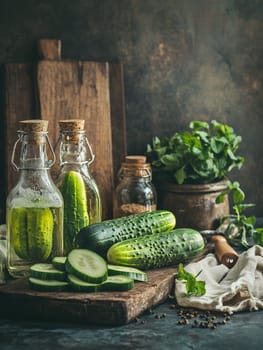 Fresh cucumbers and herbs for pickling on a wooden board, evoking a homely kitchen atmosphere.
