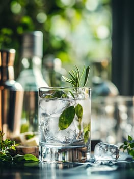 A glass of herbal cocktail with ice and fresh herbs, set against a blurred background, perfect for summer refreshment.