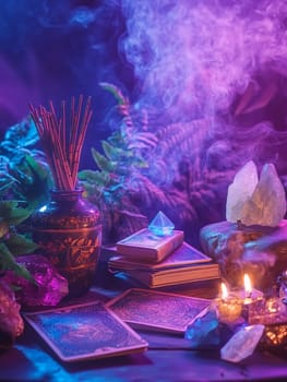 Enchanting setup with tarot cards, crystals, incense, and candles, perfect for a mystical and spiritual ambiance.