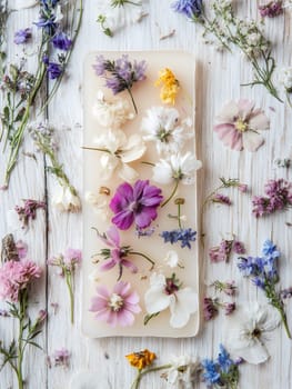 Handmade soap embedded with colorful dried flowers on a rustic wooden background, perfect for natural skincare.