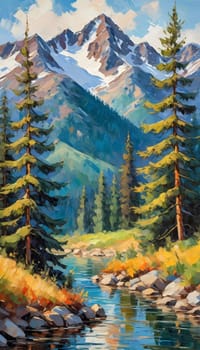 A breathtaking view of towering fir trees stands tall beside a tranquil lake, framed by majestic mountains under a clear blue sky, embodying the beauty of nature. Art illustration. Generative AI.