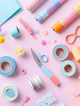 Assorted crafting supplies including paper, tapes, and scissors on a pastel background, perfect for creative projects.