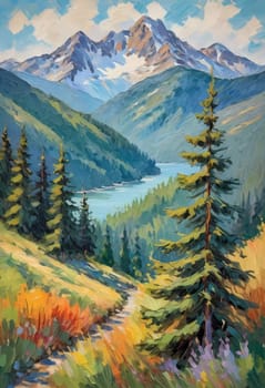A breathtaking view of towering fir trees stands tall beside a tranquil lake, framed by majestic mountains under a clear blue sky, embodying the beauty of nature. Art illustration. Generative AI.