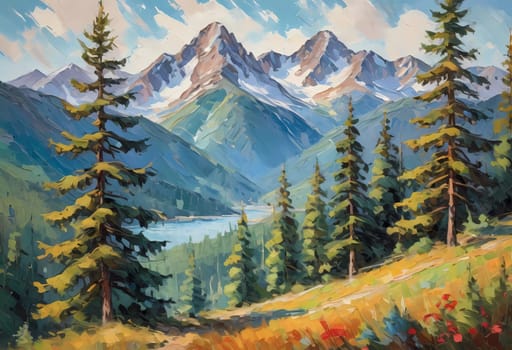 A breathtaking view of towering fir trees stands tall beside a tranquil lake, framed by majestic mountains under a clear blue sky, embodying the beauty of nature. Art illustration. Generative AI.