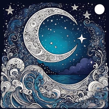 The artwork features a detailed crescent moon amidst swirling ocean waves and shimmering stars in a deep blue night sky, creating a soothing atmosphere. Generative AI.