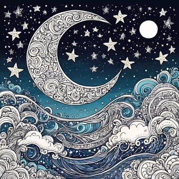 The artwork features a detailed crescent moon amidst swirling ocean waves and shimmering stars in a deep blue night sky, creating a soothing atmosphere. Generative AI.
