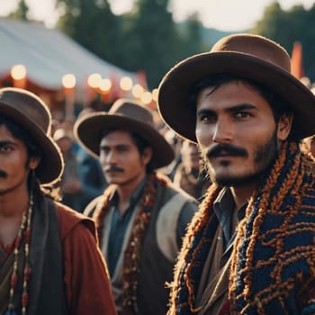 A group of men dressed in traditional clothing stand together during an outdoor festival. Generative AI.