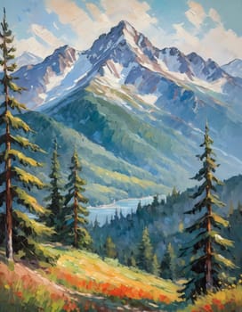 A breathtaking view of towering fir trees stands tall beside a tranquil lake, framed by majestic mountains under a clear blue sky, embodying the beauty of nature. Art illustration. Generative AI.