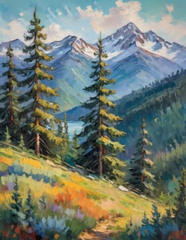 A breathtaking view of towering fir trees stands tall beside a tranquil lake, framed by majestic mountains under a clear blue sky, embodying the beauty of nature. Art illustration. Generative AI.