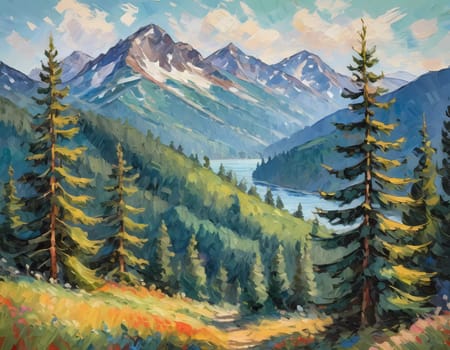 A breathtaking view of towering fir trees stands tall beside a tranquil lake, framed by majestic mountains under a clear blue sky, embodying the beauty of nature. Art illustration. Generative AI.