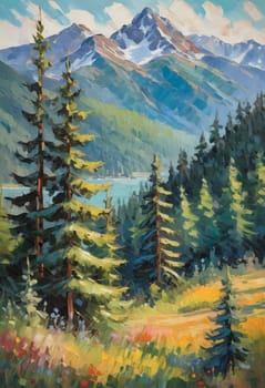 A breathtaking view of towering fir trees stands tall beside a tranquil lake, framed by majestic mountains under a clear blue sky, embodying the beauty of nature. Art illustration. Generative AI.